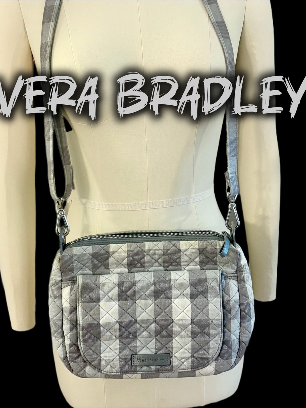 Vera Bradley Carson Mini Shoulder Bag Gray Shimmer Plaid Quilted Crossbody